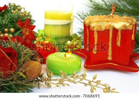 Christmas ornaments.Candles,holly-berry,rose.