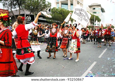 LIMASSOL,CYPRUS-MARCH 6: Unidentified Bulgarian people in national costumes  in Cyprus carnival parade on March 6, 2011 in Limassol, Cyprus,established in 16th century, influenced by Venetians.