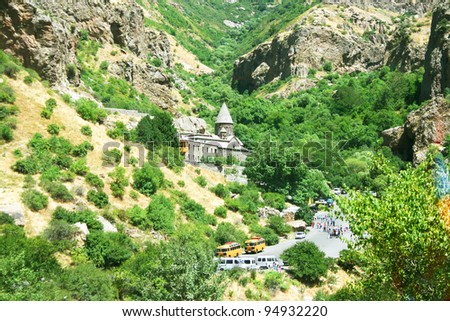 Geghard monastery in Armenia, unique architectural construction, being partially carved out of the adjacent mountain, surrounded by cliffs,founded in the 4th century.  UNESCO World Heritage Site.