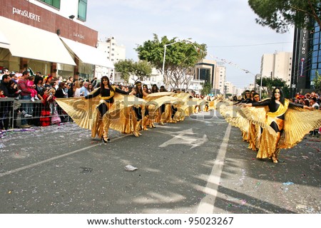 LIMASSOL, CYPRUS - MARCH 6: Unidentified participants in Egyptian costumes in Cyprus carnival parade on March 6, 2011 in Limassol, Cyprus, established in 16th century, influenced by Venetians.