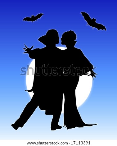 Halloween silhouette of vampire couple dancing