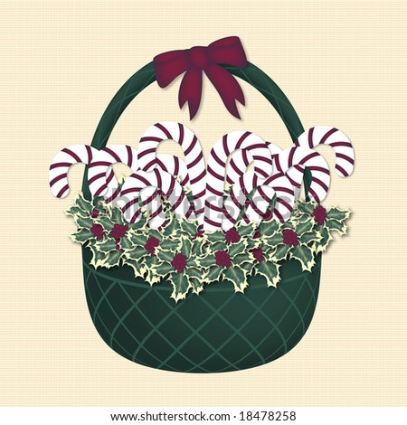 illustration of candy cane gift basket on ivory pattern