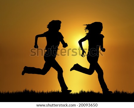 silhouette of two women running at sunset/sunrise