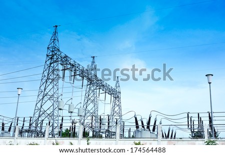 Electricity station, Electricity plant landscape over blue sky