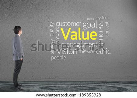 Businessman looking Value text wording in cloud concept