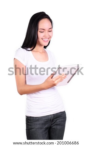 Asian woman student smile face and  online learning study by E-learning content technology with holding a computer tablet Isolated
