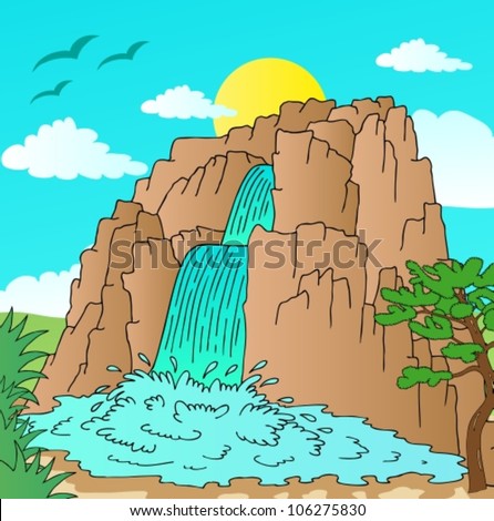 Hill with waterfalls landscape - vector illustration.