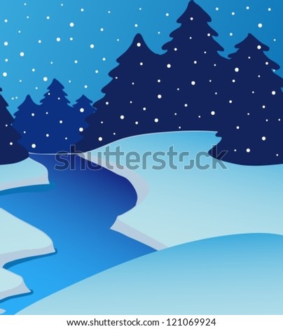 Landscape river on winter - vector illustration.
