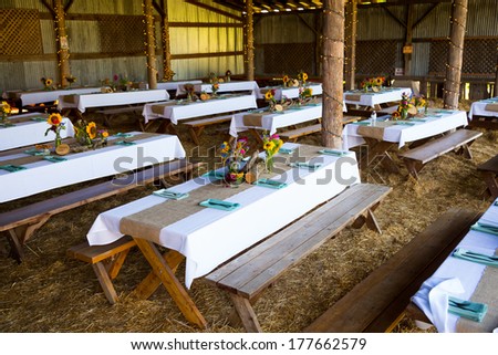 Overview of this wedding reception shows the tables ready for guests with organic natural decor and decorations.