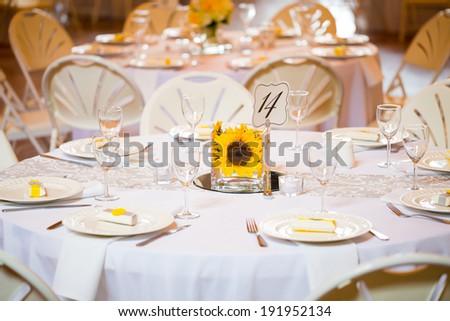 Flowers in glass on the tables for the centerpieces at this indoor wedding reception.