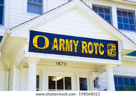 EUGENE, OR - JUNE 5, 2014: University of Oregon Army ROTC Program recruiting center house entrance, located on the edge of campus.