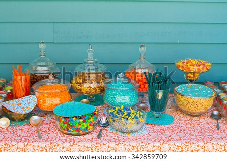 BATTLE GROUND, WA - JULY 19, 2014: Candy bar at a wedding reception featuring licorice, Jolly Ranchers, Jelly Belly beans and chocolates.