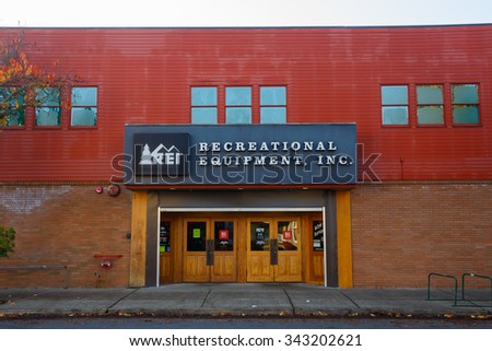 EUGENE, OR - NOVEMBER 21, 2015: Recreational Equipment, Inc., or REI as commonly referred to, storefront in Eugene Oregon.