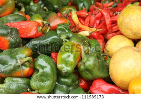 Multicolored hot peppers at the outdoor fruit and vegetable market in Cotacachi, Ecuador