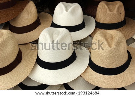 Handmade Panama Hats for sale at the outdoor craft market in Otavalo, Ecuador