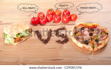 tasty hamburger and pizza. vesrsus. vs. and some tomatoes.