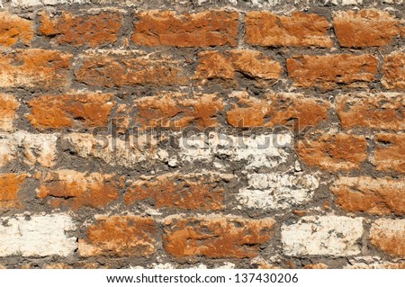 Texture of an old ruined white brick wall.