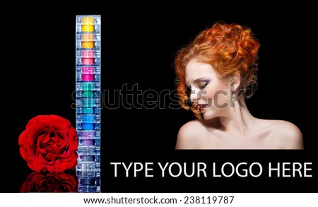 advertisement concept. Red hair woman portrait, red rose, colorful shadows stack and black background