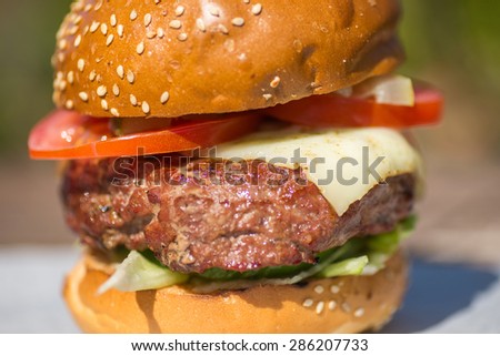 Delicious cheeseburger stacked high with a juicy beef patty, standing on a white paper
