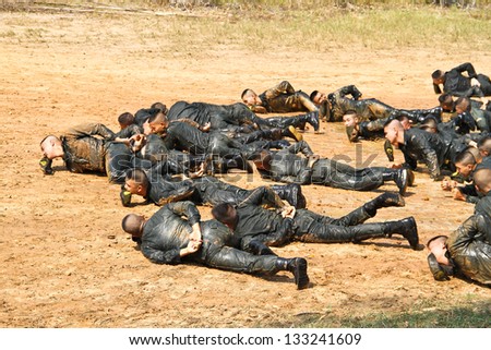 UBONRATCHATHANI, THAILAND-JANUARY 31: Unidentified army students training hard in training camp to prepare for battle on January 31, 2013 in Ubonrfatchathani, Thailand