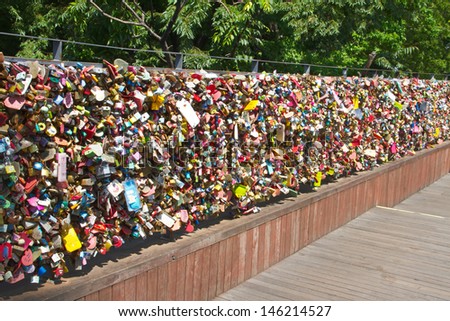 SEOUL,SOUTH KOREA - JUNE 8: Plenty of master key were locked along the wall on June 8, 2013 at Seoul tower. People believe that the locked key will keep their forever love.