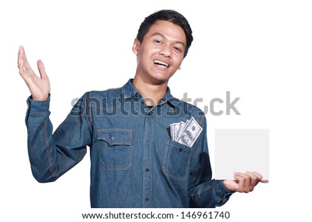 man holding a blank card and no money in his pocket isolated on white background