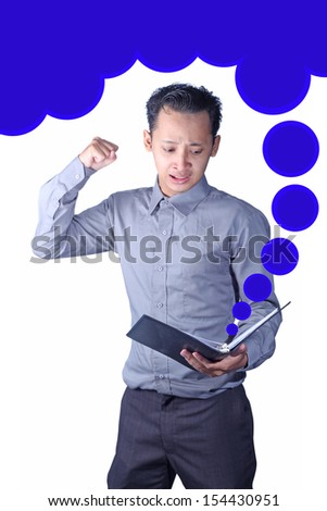 men was holding a book and see the angry expression on book sales target isolated on white background