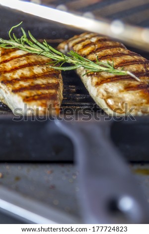 Two golden fried pieces of chicken breast in a griddle pan with rosemary