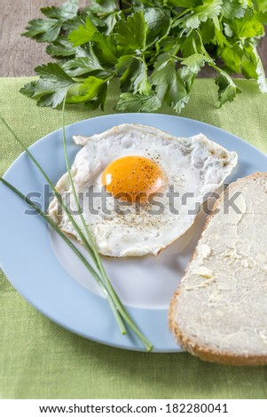 Sunny side up fried egg with bread on a blue framed plate
