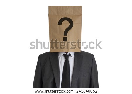 A Man in suit with a paper bag with question mark on his head isolated on white background