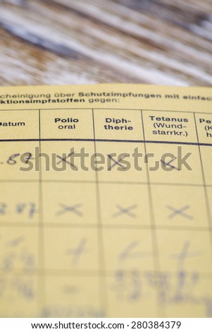 HAMBURG, GERMANY - APRIL 12 2015: German version of the International Certificate of vaccination for Polio, Diphtheria, tetanus and acellular pertussis