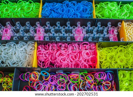 Colorful Rainbow loom rubber bands in a box