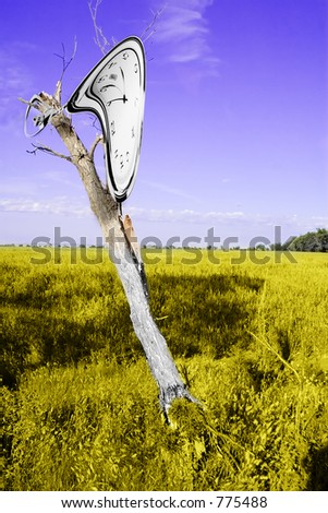 A Dali inspired image of a clock melting over a dead tree.
