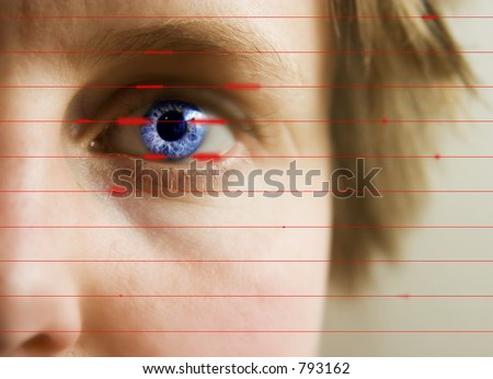 Red lines scanning the face and retina of a woman.