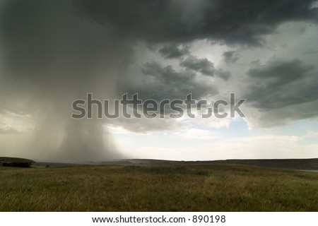Rain clouds on the horizon over a Saskatchewan landscape.