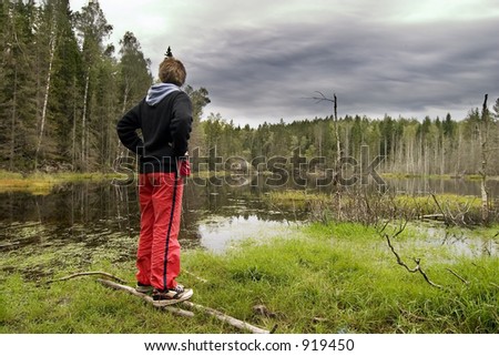 Dead trees and other living things in a marsh near Oslo, Norway with a person overlooking the water