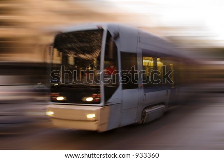 A blurred abstract image of a streetcar in Oslo, Norway