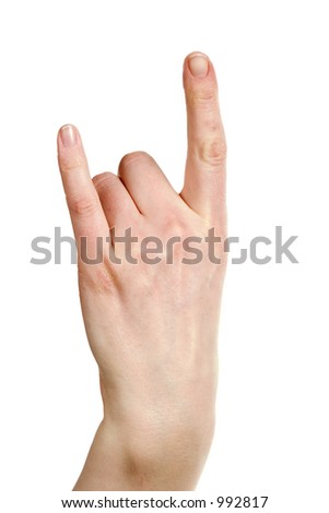 A hand with the pointer and pinky finger in the air.