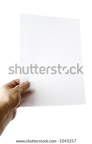 A males hand holding up a white paper with nothing on it (put on your own text or image or leave as blank).  Isolated on white with clipping path.
