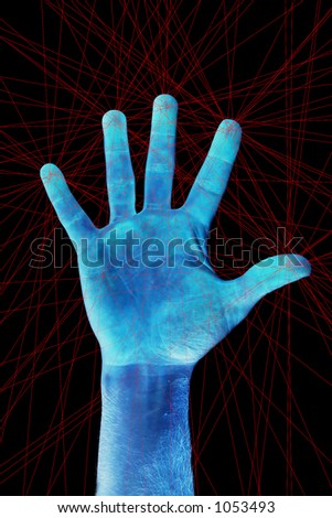 A hand being scanned for finger prints.  There are many scanning laser red lines on the image.
