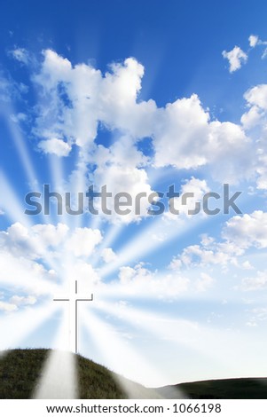 A glowing white cross on a hill.