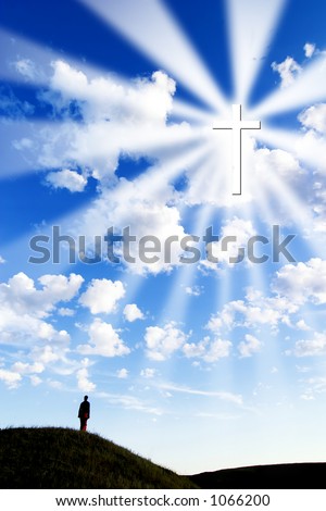 A person on a hill looking up to a glowing cross in the sky.