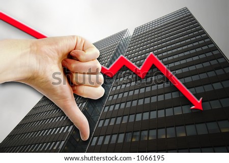 A thumbs down sign with a tall building in the background an a graph pointing down.