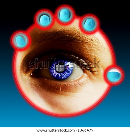 Fingers being scanned for their fingerprints and eye scan while a bar code is located in the pupil of the eye. Security concept image.