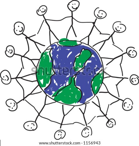  A child like drawing in vector format, displaying the world with people
