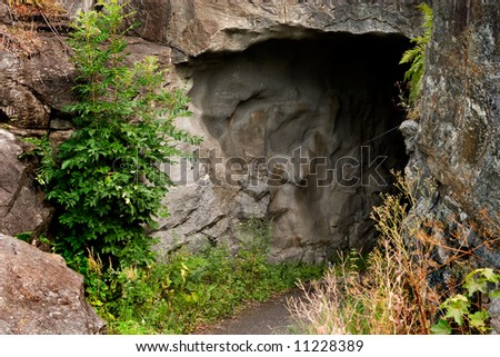 A path leading into a dark stone cave