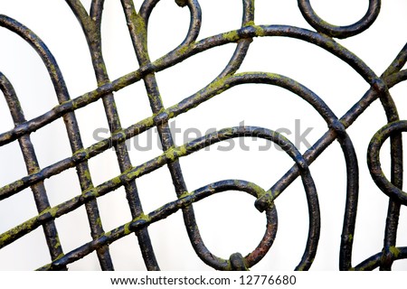 A wrought iron fence detail with slight moss covering