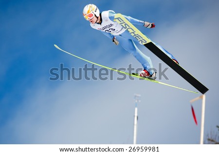 VIKERSUND, NORWAY - MARCH 15: Stefan Hula of Poland competes in the FIS World Cup Ski Jumping Competition on March 15, 2009 in Norway.