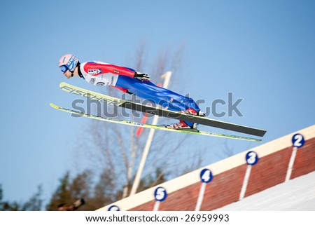 VIKERSUND, NORWAY - MARCH 15: Andreas Kofler of Austria competes in the FIS World Cup Ski Jumping Competition on March 15, 2009 in Norway.