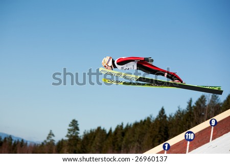 VIKERSUND, NORWAY - MARCH 15: Vegard Haukoe Sklett of Norway competes in the FIS World Cup Ski Jumping Competition on March 15, 2009 in Norway.
